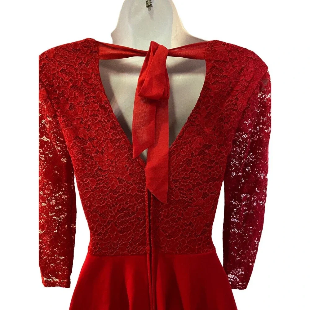 B. Darlin Lace Crepe Ruby Red Bow Back Skater Cocktail Party Bow Back Mini Dress - Picture 9 of 15